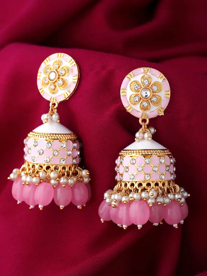 Necklaces Yellow Chimes Yellow Chimes Traditional Gold Toned Pink Floral Design Pearl Meenakari Jhumka Jhumki Earrings for Women and Girls Medium YCTJER92MNKJHKPK