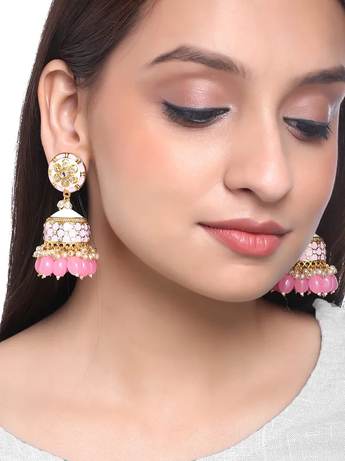 Necklaces Yellow Chimes Yellow Chimes Traditional Gold Toned Pink Floral Design Pearl Meenakari Jhumka Jhumki Earrings for Women and Girls Medium YCTJER92MNKJHKPK