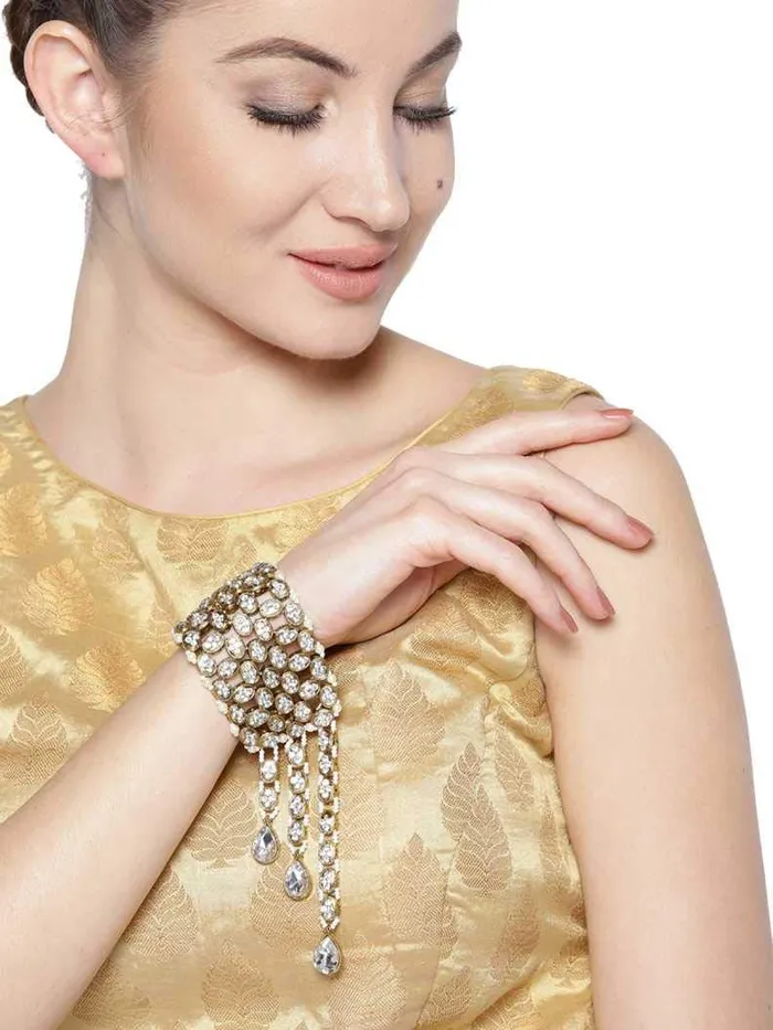 Rings Yellow Chimes Classic Gold Plated Studded Crystal Pearl Ethnic Stylish Adjustable Dangling Bracelet for Women and Girls Yellow Chimes