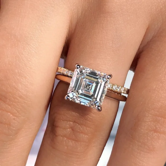 Rings Shineofdiamond 2PCS Golden Tone Hidden Halo Asscher Cut Bridal Set Rings