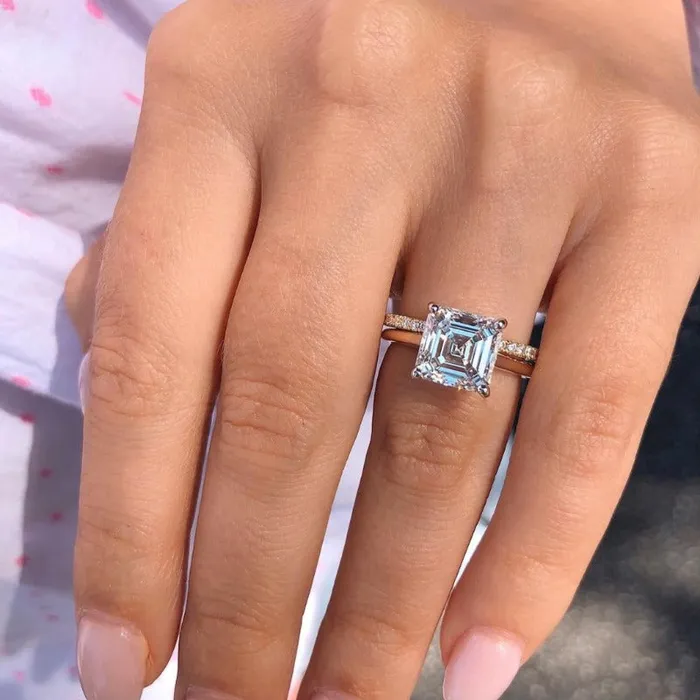 Rings Shineofdiamond 2PCS Golden Tone Hidden Halo Asscher Cut Bridal Set Rings Rings Shineofdiamond 2PCS Golden Tone Hidden Halo Asscher Cut Bridal Set Rings