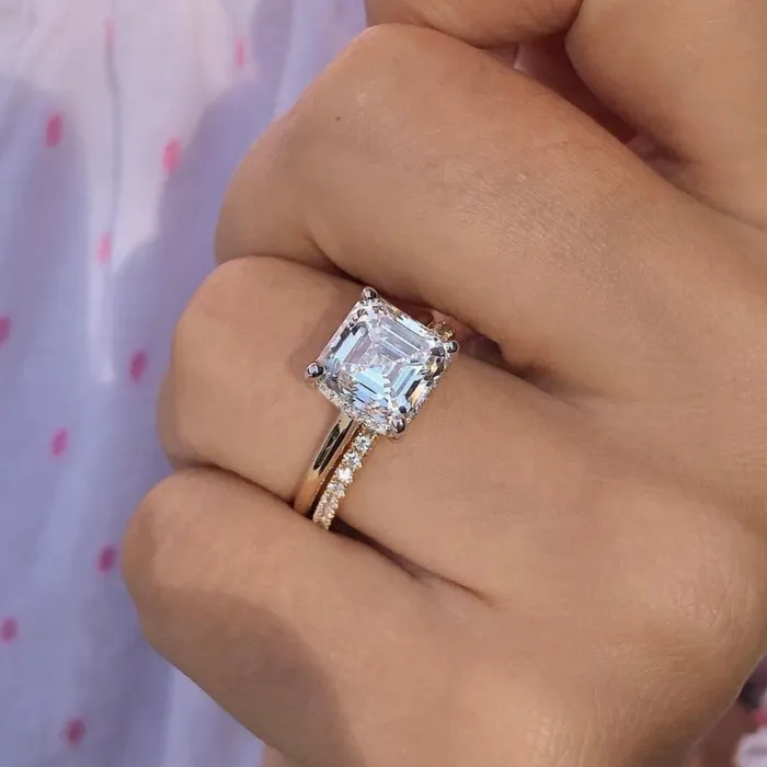 Rings Shineofdiamond 2PCS Golden Tone Hidden Halo Asscher Cut Bridal Set Rings Rings Shineofdiamond 2PCS Golden Tone Hidden Halo Asscher Cut Bridal Set Rings
