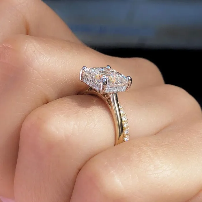Rings Shineofdiamond 2PCS Golden Tone Hidden Halo Asscher Cut Bridal Set Rings Rings Shineofdiamond 2PCS Golden Tone Hidden Halo Asscher Cut Bridal Set Rings