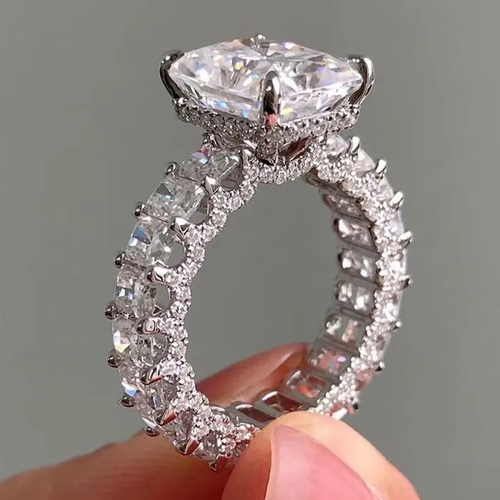 Shineofdiamond Rings Exquisite Radiant Cut Sterling Silver Wedding Ring With Eternity Band