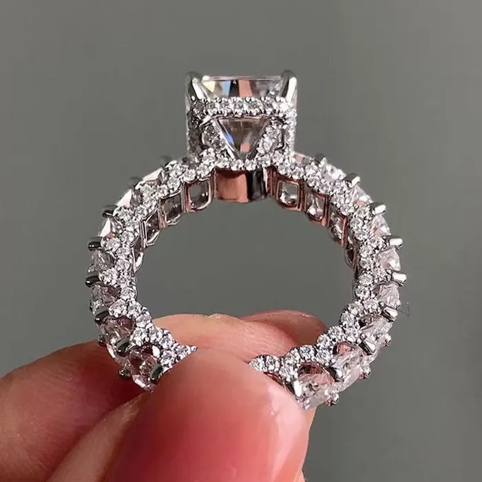 Shineofdiamond Rings Exquisite Radiant Cut Sterling Silver Wedding Ring With Eternity Band