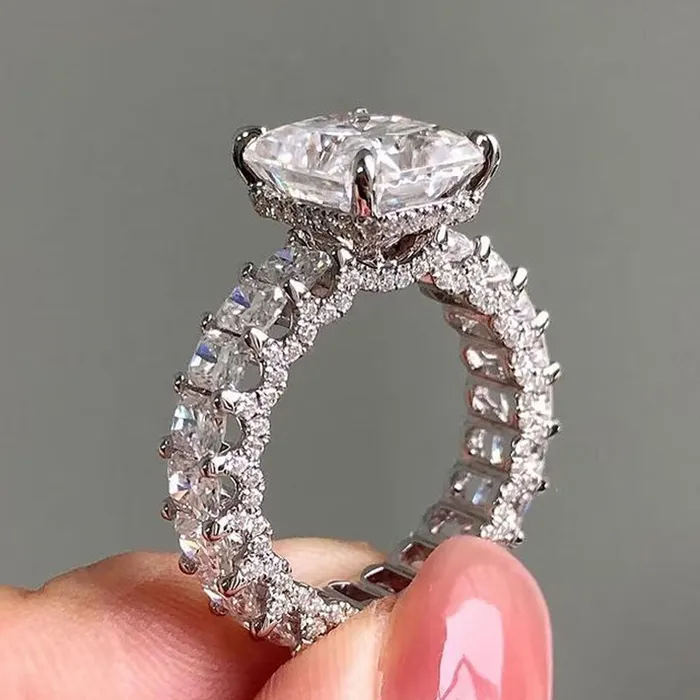 Shineofdiamond Rings Exquisite Radiant Cut Sterling Silver Wedding Ring With Eternity Band