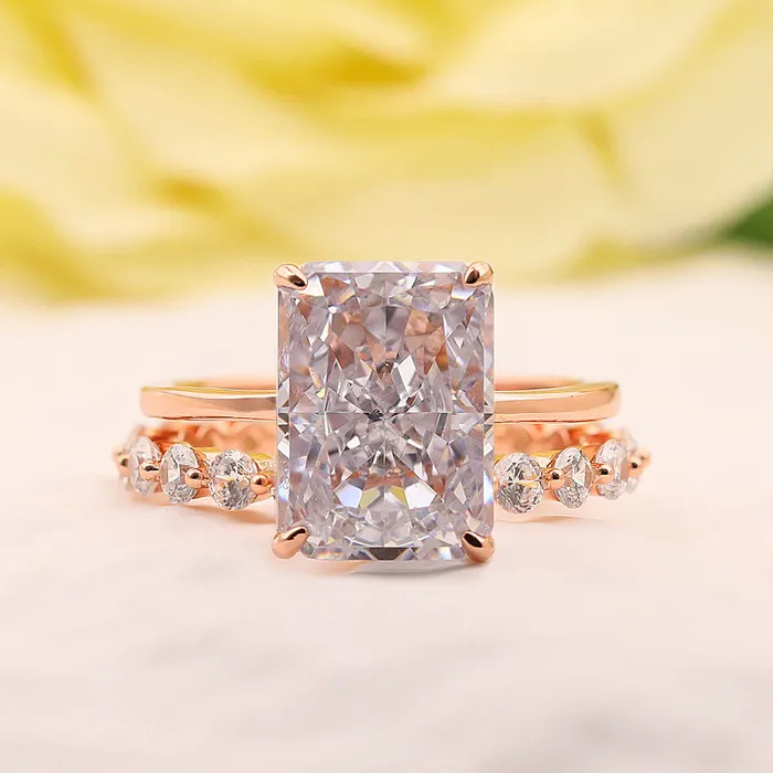 Shineofdiamond Rings Stunning Radiant Cut Sterling Silver Bridal Set In Rose Golden Tone Shineofdiamond Rings Stunning Radiant Cut Sterling Silver Bridal Set In Rose Golden Tone