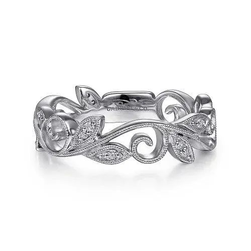 14K White Gold Scrolling Floral Diamond Stackable Ring GABRIEL CO Rings