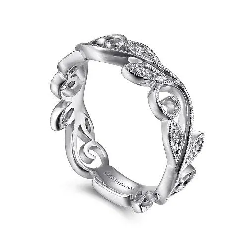 14K White Gold Scrolling Floral Diamond Stackable Ring GABRIEL CO Rings