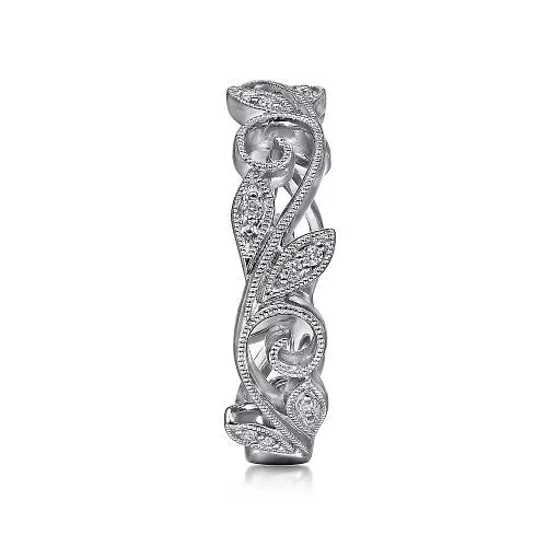 14K White Gold Scrolling Floral Diamond Stackable Ring GABRIEL CO Rings