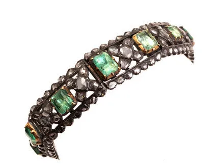 Bell Bird Antiques Bracelets 19th Century Emerald and Rose Cut Diamond Bracelet Bell Bird Antiques Bracelets 19th Century Emerald and Rose Cut Diamond Bracelet