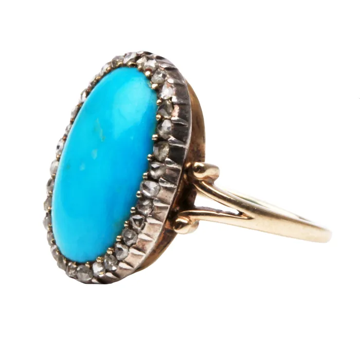 Bell Bird Antiques Rings Victorian Turquoise Diamond Cluster Ring