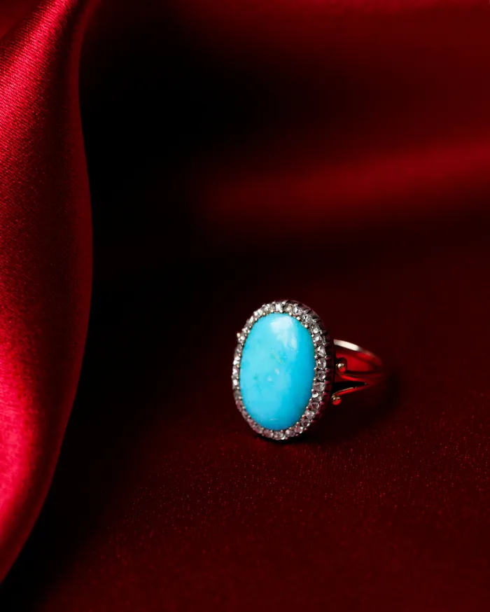 Bell Bird Antiques Rings Victorian Turquoise Diamond Cluster Ring