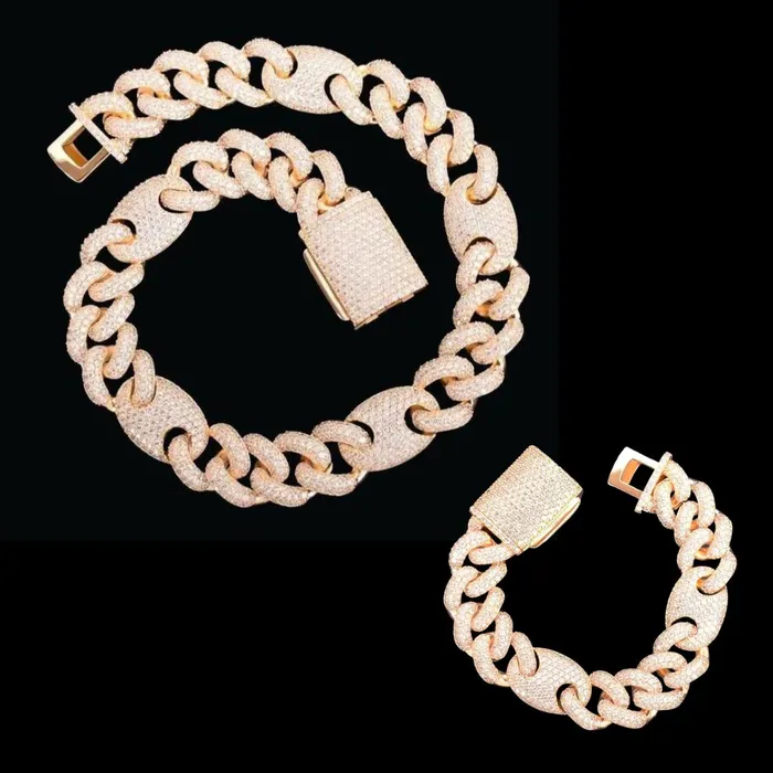 Cuban Bean Link Bracelets 14MM Bean and Links Cuban Iced Out Diamond Necklace Bracelet Set