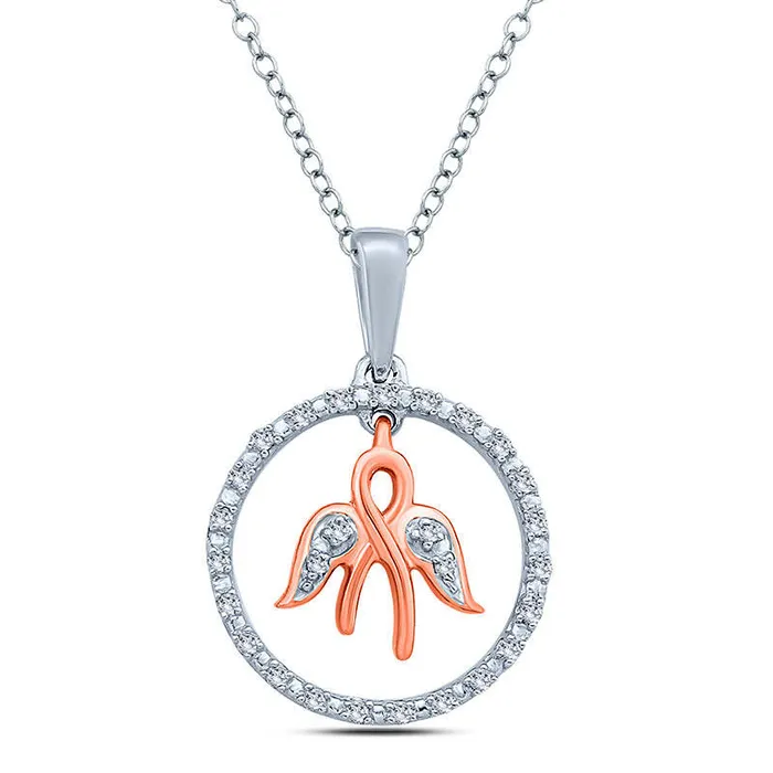 005 CT TW Natural Diamond Ribbon with Angel Wings Dangle and Circle Pendant in Sterling Silver with 14K Rose Gold Plate Goldia Necklaces 005 CT TW Natural Diamond Ribbon with Angel Wings Dangle and Circle Pendant in Sterling Silver with 14K Rose Gold Plate Goldia Necklaces