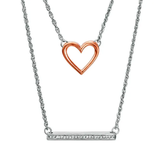 007 CT TW Natural Diamond Heart and Bar Double Strand Necklace in Sterling Silver and 10K Rose Gold 20 Goldia Necklaces 007 CT TW Natural Diamond Heart and Bar Double Strand Necklace in Sterling Silver and 10K Rose Gold 20 Goldia Necklaces