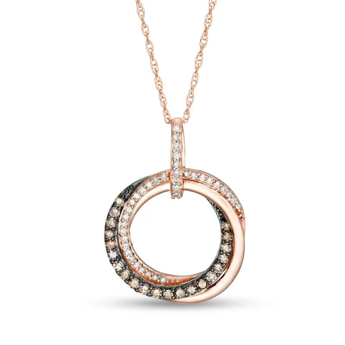 025 CT TW Champagne and White Natural Diamond Entwined Circle Pendant in 10K Rose Gold Goldia Necklaces 025 CT TW Champagne and White Natural Diamond Entwined Circle Pendant in 10K Rose Gold Goldia Necklaces
