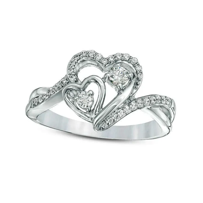 025 CT TW Natural Diamond Double Heart Bypass Promise Ring in Sterling Silver Goldia Rings 025 CT TW Natural Diamond Double Heart Bypass Promise Ring in Sterling Silver Goldia Rings