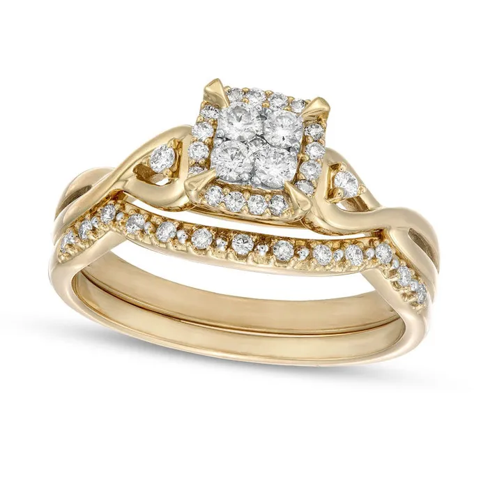 033 CT TW Quad Natural Diamond CushionShaped Frame Twist Shank Bridal Engagement Ring Set in Solid 10K Yellow Gold Goldia Rings 033 CT TW Quad Natural Diamond CushionShaped Frame Twist Shank Bridal Engagement Ring Set in Solid 10K Yellow Gold Goldia Rings