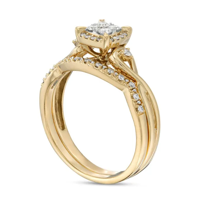 033 CT TW Quad Natural Diamond CushionShaped Frame Twist Shank Bridal Engagement Ring Set in Solid 10K Yellow Gold Goldia Rings 033 CT TW Quad Natural Diamond CushionShaped Frame Twist Shank Bridal Engagement Ring Set in Solid 10K Yellow Gold Goldia Rings