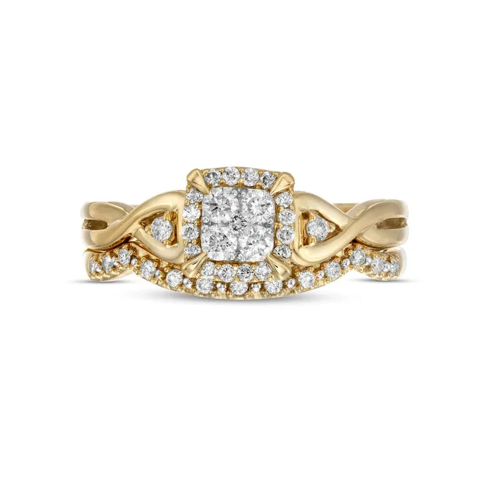 033 CT TW Quad Natural Diamond CushionShaped Frame Twist Shank Bridal Engagement Ring Set in Solid 10K Yellow Gold Goldia Rings 033 CT TW Quad Natural Diamond CushionShaped Frame Twist Shank Bridal Engagement Ring Set in Solid 10K Yellow Gold Goldia Rings
