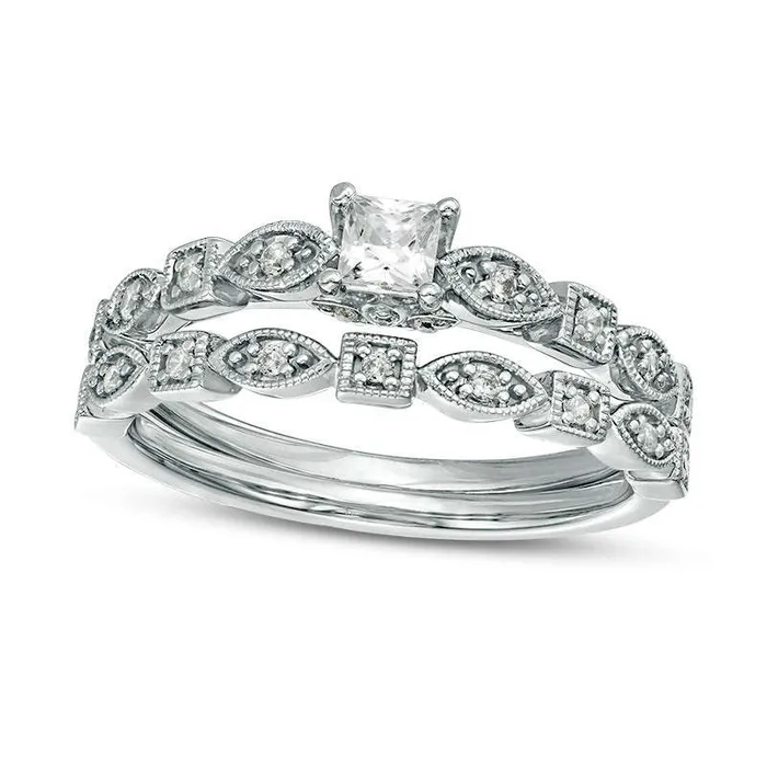 038 CT TW PrincessCut Natural Diamond Alternating Shaped Shank Antique VintageStyle Bridal Engagement Ring Set in Solid 14K White Gold Goldia Rings 038 CT TW PrincessCut Natural Diamond Alternating Shaped Shank Antique VintageStyle Bridal Engagement Ring Set in Solid 14K White Gold Goldia Rings