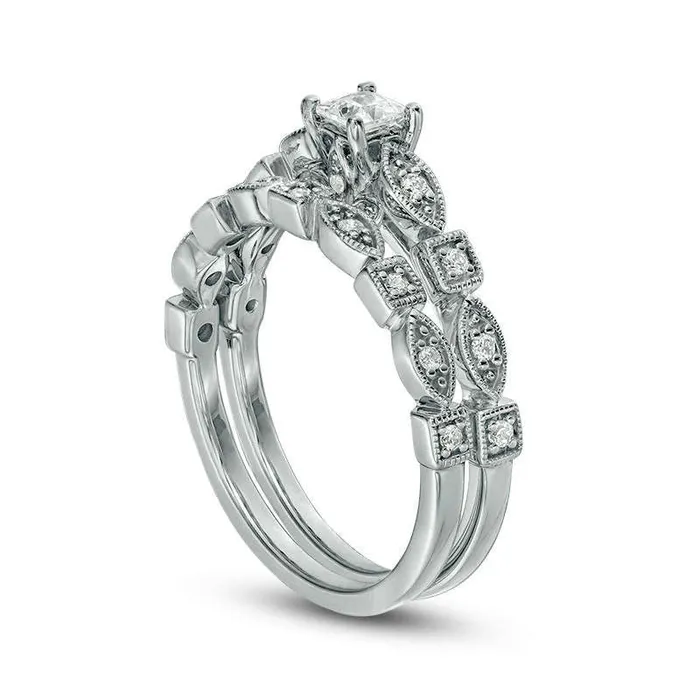 038 CT TW PrincessCut Natural Diamond Alternating Shaped Shank Antique VintageStyle Bridal Engagement Ring Set in Solid 14K White Gold Goldia Rings 038 CT TW PrincessCut Natural Diamond Alternating Shaped Shank Antique VintageStyle Bridal Engagement Ring Set in Solid 14K White Gold Goldia Rings