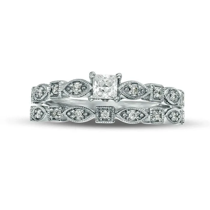 038 CT TW PrincessCut Natural Diamond Alternating Shaped Shank Antique VintageStyle Bridal Engagement Ring Set in Solid 14K White Gold Goldia Rings 038 CT TW PrincessCut Natural Diamond Alternating Shaped Shank Antique VintageStyle Bridal Engagement Ring Set in Solid 14K White Gold Goldia Rings