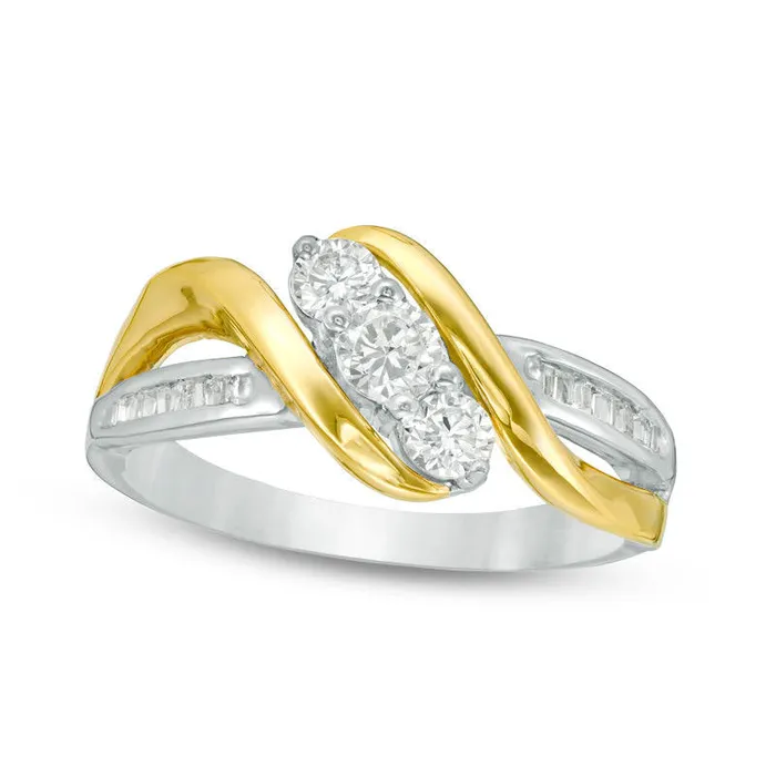 050 CT TW Baguette and Round Natural Diamond Three Stone Bypass Ring in Solid 10K TwoTone Gold Goldia Rings 050 CT TW Baguette and Round Natural Diamond Three Stone Bypass Ring in Solid 10K TwoTone Gold Goldia Rings