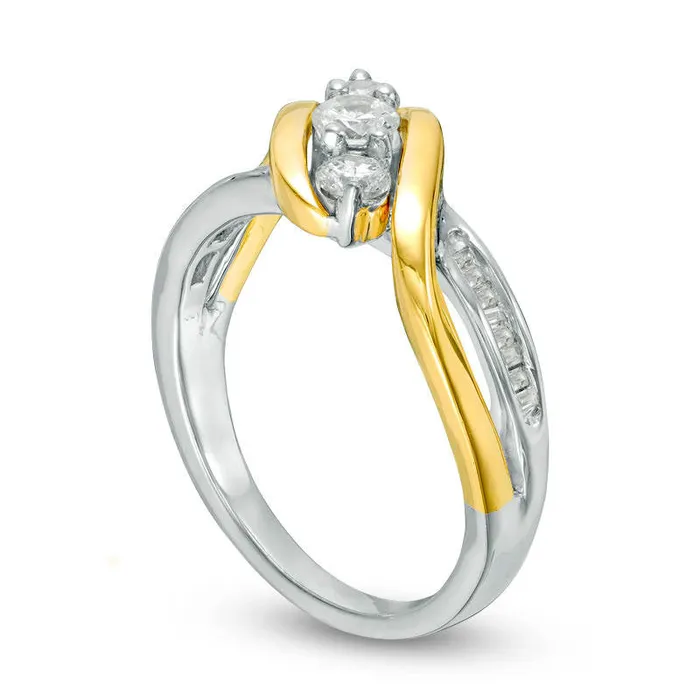 050 CT TW Baguette and Round Natural Diamond Three Stone Bypass Ring in Solid 10K TwoTone Gold Goldia Rings 050 CT TW Baguette and Round Natural Diamond Three Stone Bypass Ring in Solid 10K TwoTone Gold Goldia Rings