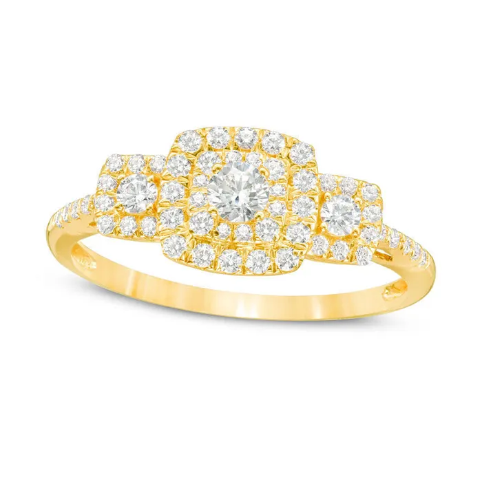 050 CT TW Natural Diamond Three Stone Cushion Frame Engagement Ring in Solid 10K Yellow Gold Goldia Rings 050 CT TW Natural Diamond Three Stone Cushion Frame Engagement Ring in Solid 10K Yellow Gold Goldia Rings