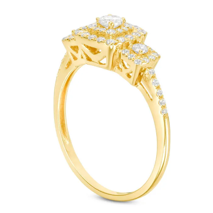 050 CT TW Natural Diamond Three Stone Cushion Frame Engagement Ring in Solid 10K Yellow Gold Goldia Rings 050 CT TW Natural Diamond Three Stone Cushion Frame Engagement Ring in Solid 10K Yellow Gold Goldia Rings