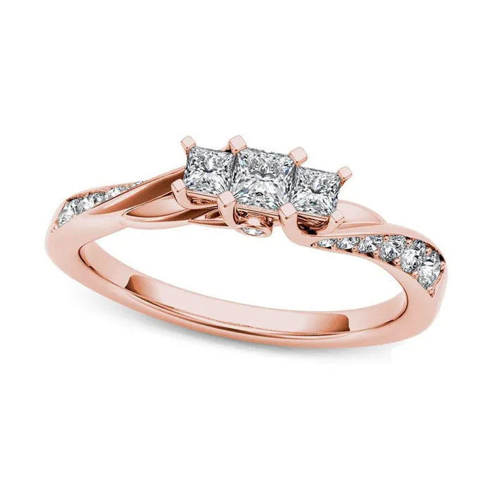 050 CT TW PrincessCut Natural Diamond Three Stone Twist Shank Ring in Solid 14K Rose Gold Goldia Rings