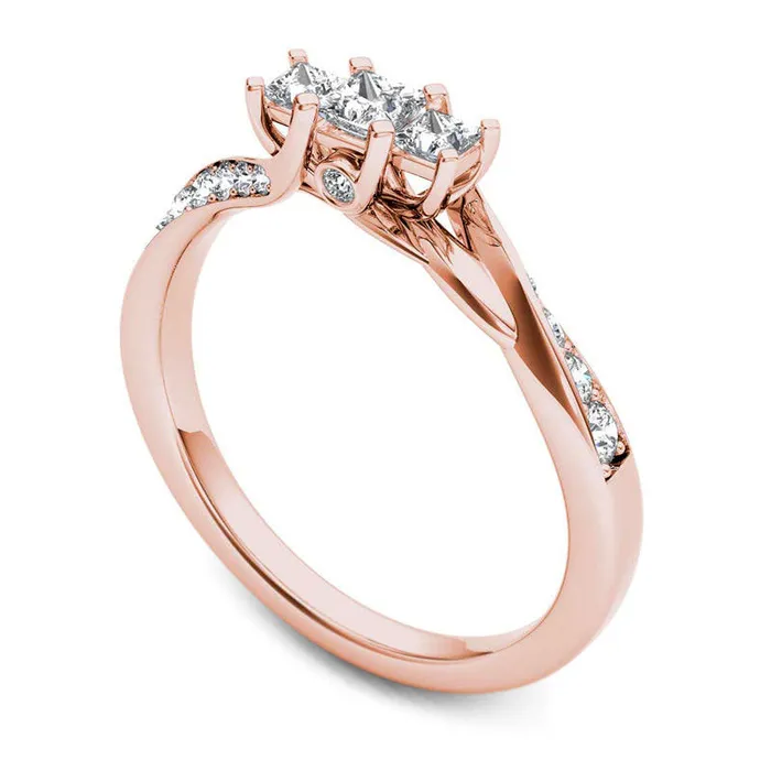 050 CT TW PrincessCut Natural Diamond Three Stone Twist Shank Ring in Solid 14K Rose Gold Goldia Rings 050 CT TW PrincessCut Natural Diamond Three Stone Twist Shank Ring in Solid 14K Rose Gold Goldia Rings