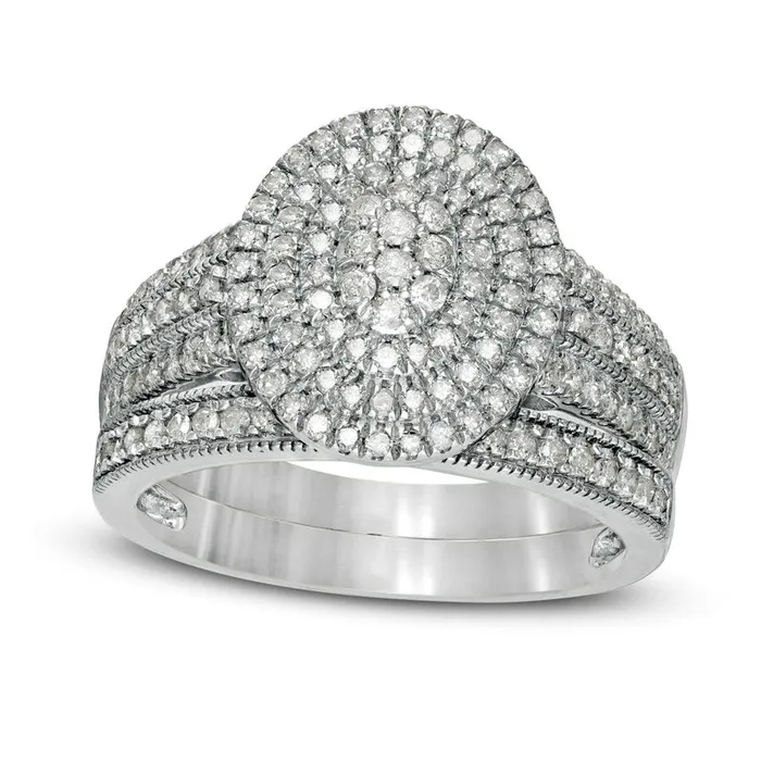 075 CT TW Composite Natural Diamond Triple Oval Frame Antique VintageStyle MultiRow Bridal Engagement Ring Set in Solid 10K White Gold Goldia Rings 075 CT TW Composite Natural Diamond Triple Oval Frame Antique VintageStyle MultiRow Bridal Engagement Ring Set in Solid 10K White Gold Goldia Rings