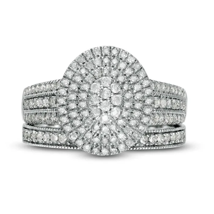 075 CT TW Composite Natural Diamond Triple Oval Frame Antique VintageStyle MultiRow Bridal Engagement Ring Set in Solid 10K White Gold Goldia Rings 075 CT TW Composite Natural Diamond Triple Oval Frame Antique VintageStyle MultiRow Bridal Engagement Ring Set in Solid 10K White Gold Goldia Rings