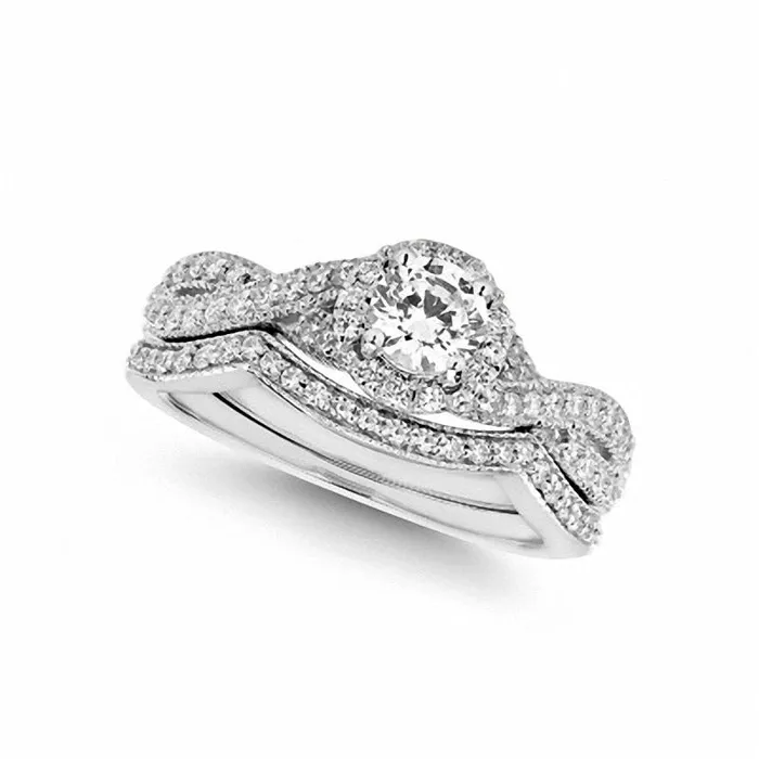 075 CT TW Natural Diamond Twist Shank Bridal Engagement Ring Set in Solid 14K White Gold Goldia Rings 075 CT TW Natural Diamond Twist Shank Bridal Engagement Ring Set in Solid 14K White Gold Goldia Rings
