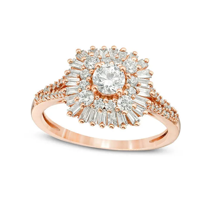 10 CT TW Baguette and Round Natural Diamond Starburst Frame Ring in Solid 14K Rose Gold Goldia Rings