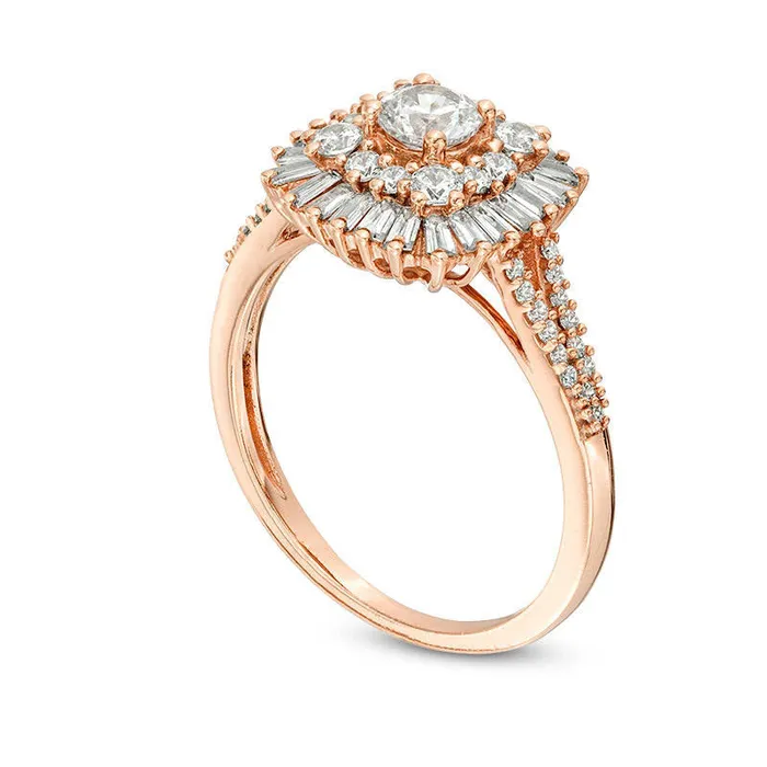10 CT TW Baguette and Round Natural Diamond Starburst Frame Ring in Solid 14K Rose Gold Goldia Rings 10 CT TW Baguette and Round Natural Diamond Starburst Frame Ring in Solid 14K Rose Gold Goldia Rings