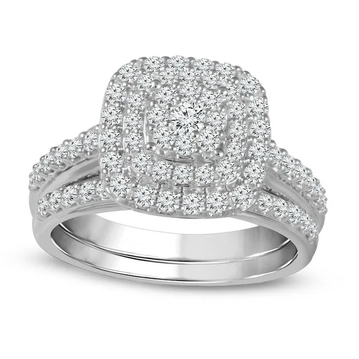 10 CT TW Composite Natural Diamond Double Cushion Frame Bridal Engagement Ring Set in Solid 10K White Gold Goldia Rings 10 CT TW Composite Natural Diamond Double Cushion Frame Bridal Engagement Ring Set in Solid 10K White Gold Goldia Rings