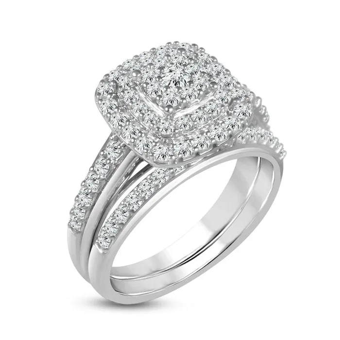 10 CT TW Composite Natural Diamond Double Cushion Frame Bridal Engagement Ring Set in Solid 10K White Gold Goldia Rings 10 CT TW Composite Natural Diamond Double Cushion Frame Bridal Engagement Ring Set in Solid 10K White Gold Goldia Rings