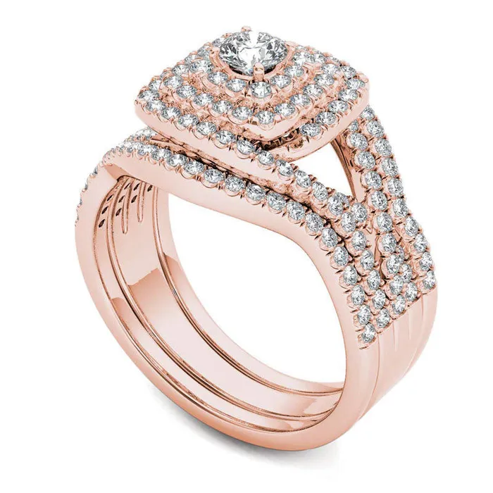 10 CT TW Natural Diamond Cushion Frame Split Shank Three Piece Bridal Engagement Ring Set in Solid 14K Rose Gold Goldia Rings 10 CT TW Natural Diamond Cushion Frame Split Shank Three Piece Bridal Engagement Ring Set in Solid 14K Rose Gold Goldia Rings