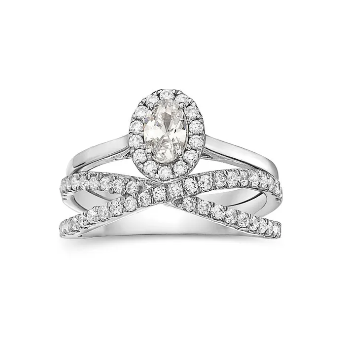 10 CT TW Oval Natural Diamond Frame CrissCross Bridal Engagement Ring Set in Solid 14K White Gold Goldia Rings 10 CT TW Oval Natural Diamond Frame CrissCross Bridal Engagement Ring Set in Solid 14K White Gold Goldia Rings