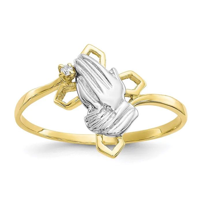 10K Yellow Gold u0026 Rhodium Praying Hands CZ wCross Ring Goldia Rings