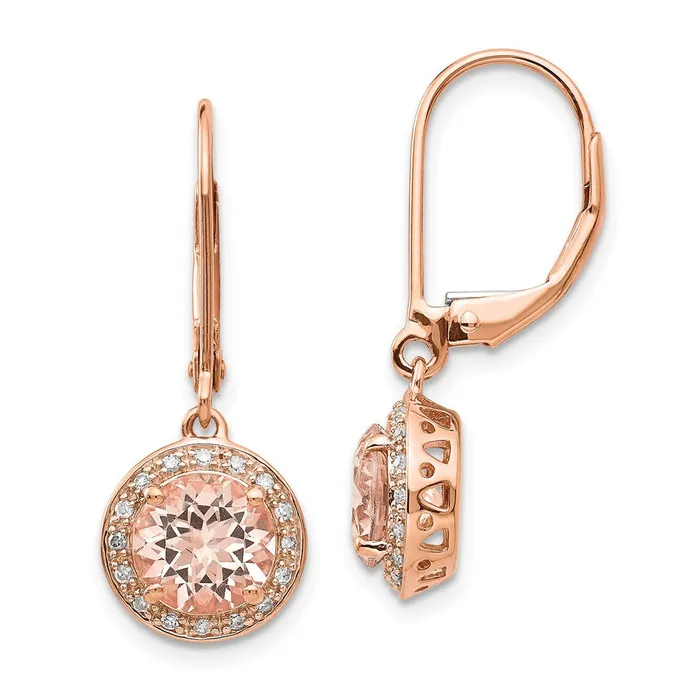 14k Rose Gold Real Diamond and Morganite Round Leverback Dangle Earrings Goldia Earrings 14k Rose Gold Real Diamond and Morganite Round Leverback Dangle Earrings Goldia Earrings