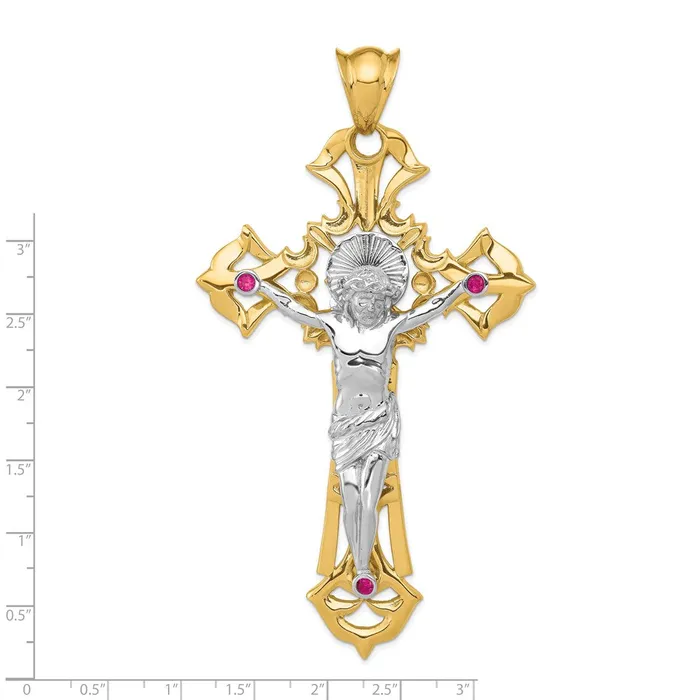 14k Twotone Gold Polished with Red CZs Crucifix Pendant Goldia Rings
