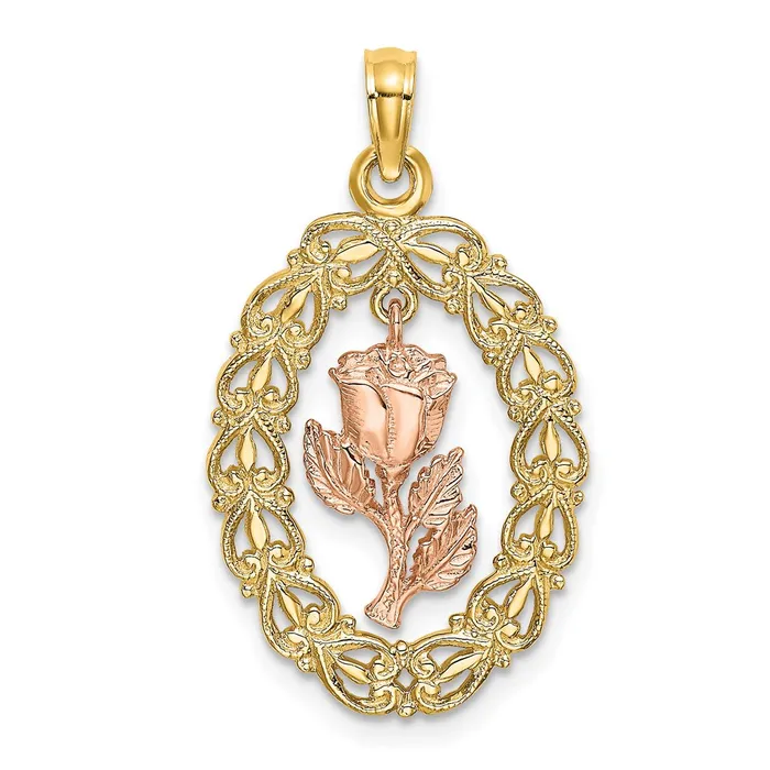 14k Twotone Gold Twotone Gold Textured Oval Frame Dangling Rose Charm Goldia Rings 14k Twotone Gold Twotone Gold Textured Oval Frame Dangling Rose Charm Goldia Rings