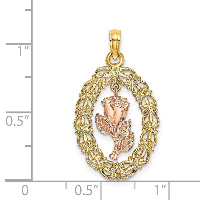 14k Twotone Gold Twotone Gold Textured Oval Frame Dangling Rose Charm Goldia Rings