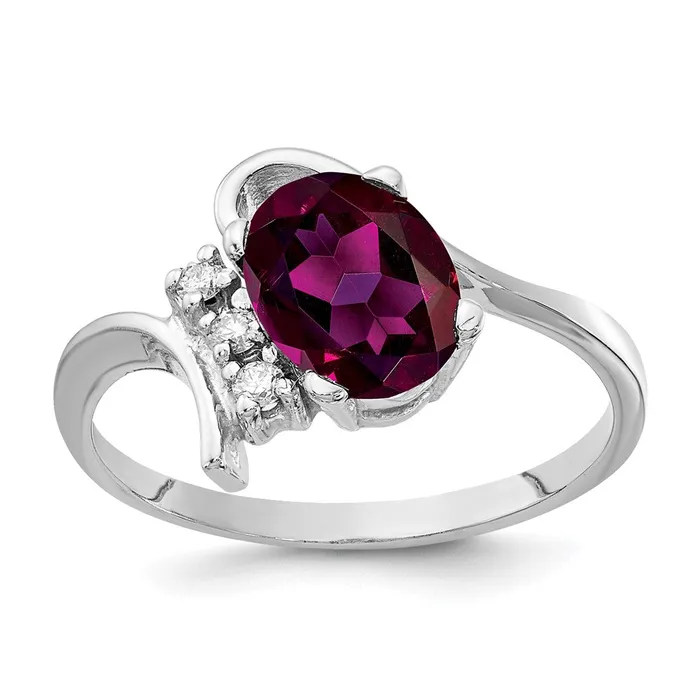 14k White Gold 8x6mm Oval Rhodolite Garnet AA Diamond ring Goldia Rings