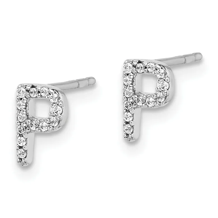 14K White Gold Lab Grown VSSI FGH Diamond Letter P Initial Post Earrings Goldia Earrings